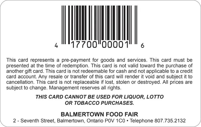 Balmertown gift card back