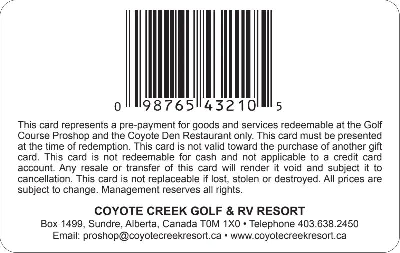 Coyote Creek gift card back