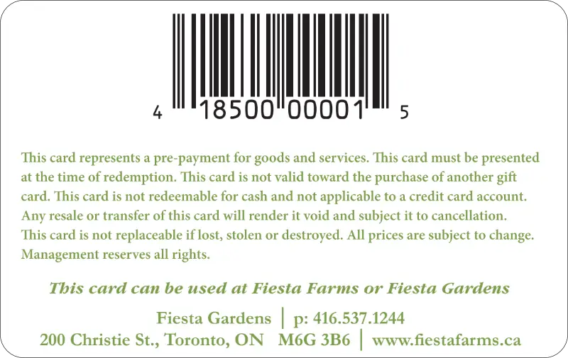Fiesta Gardens gift card back