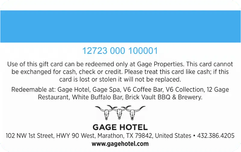 Gage Hotel Gift Card back