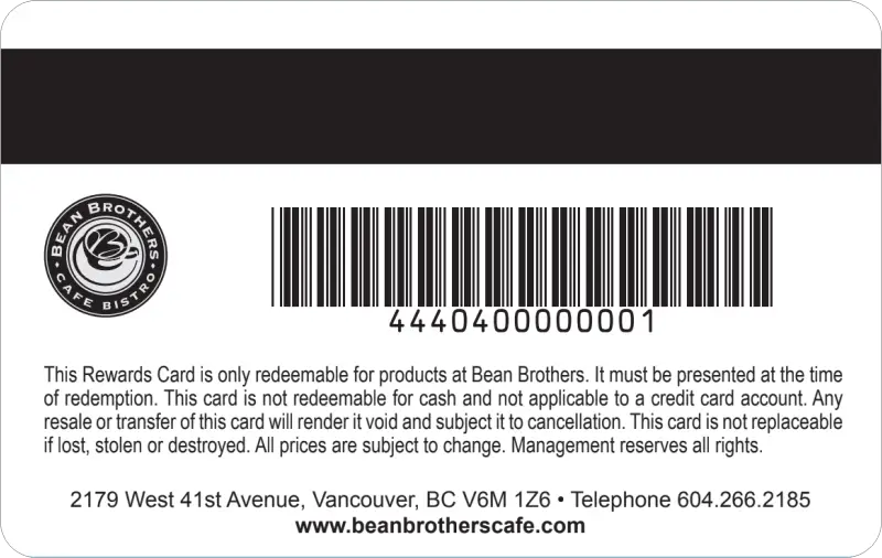 Bean Brothers Rewards Card back