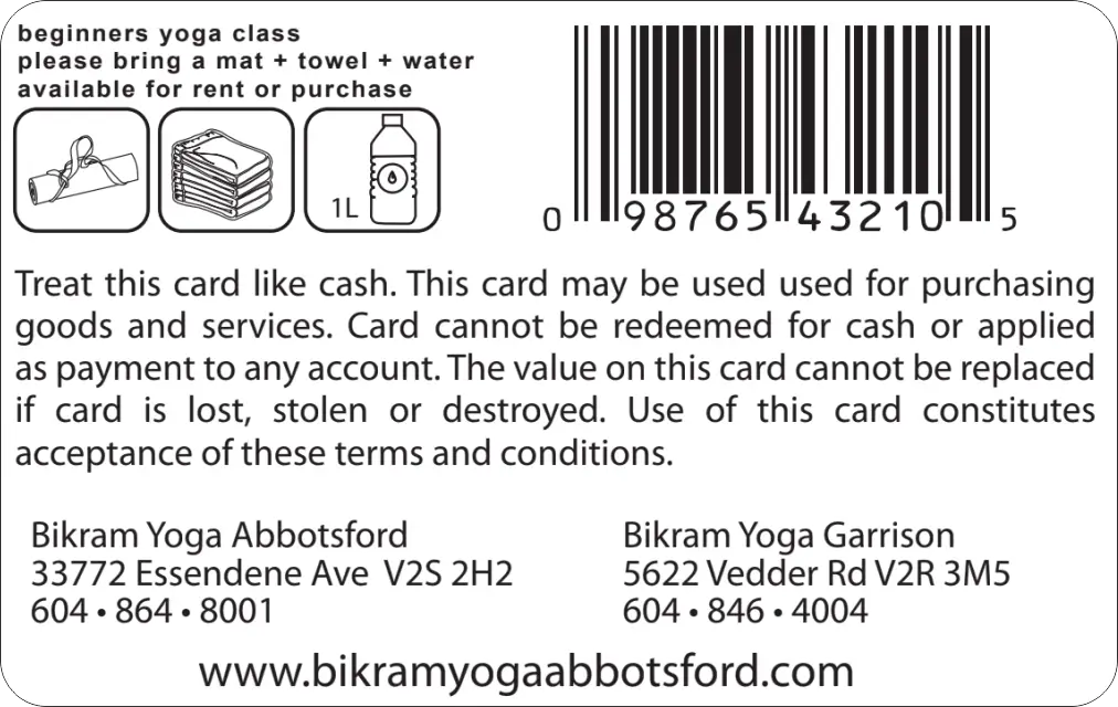 Bikram Yoga gift card back